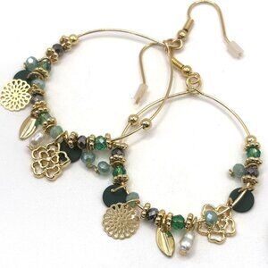 2 3/4"L Elegant Delicate Gold Plated Hoops Green Crystals Dangling Charms New